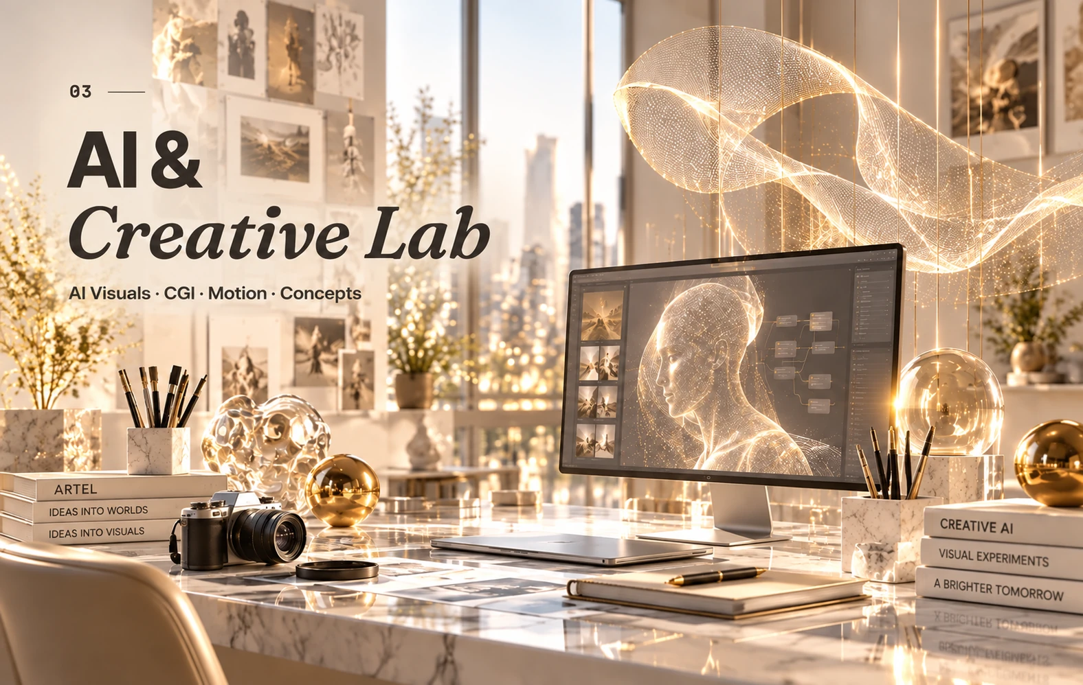 AI & Creative Lab — a bright studio desk with a glowing AI-generated portrait on screen and holographic form above it