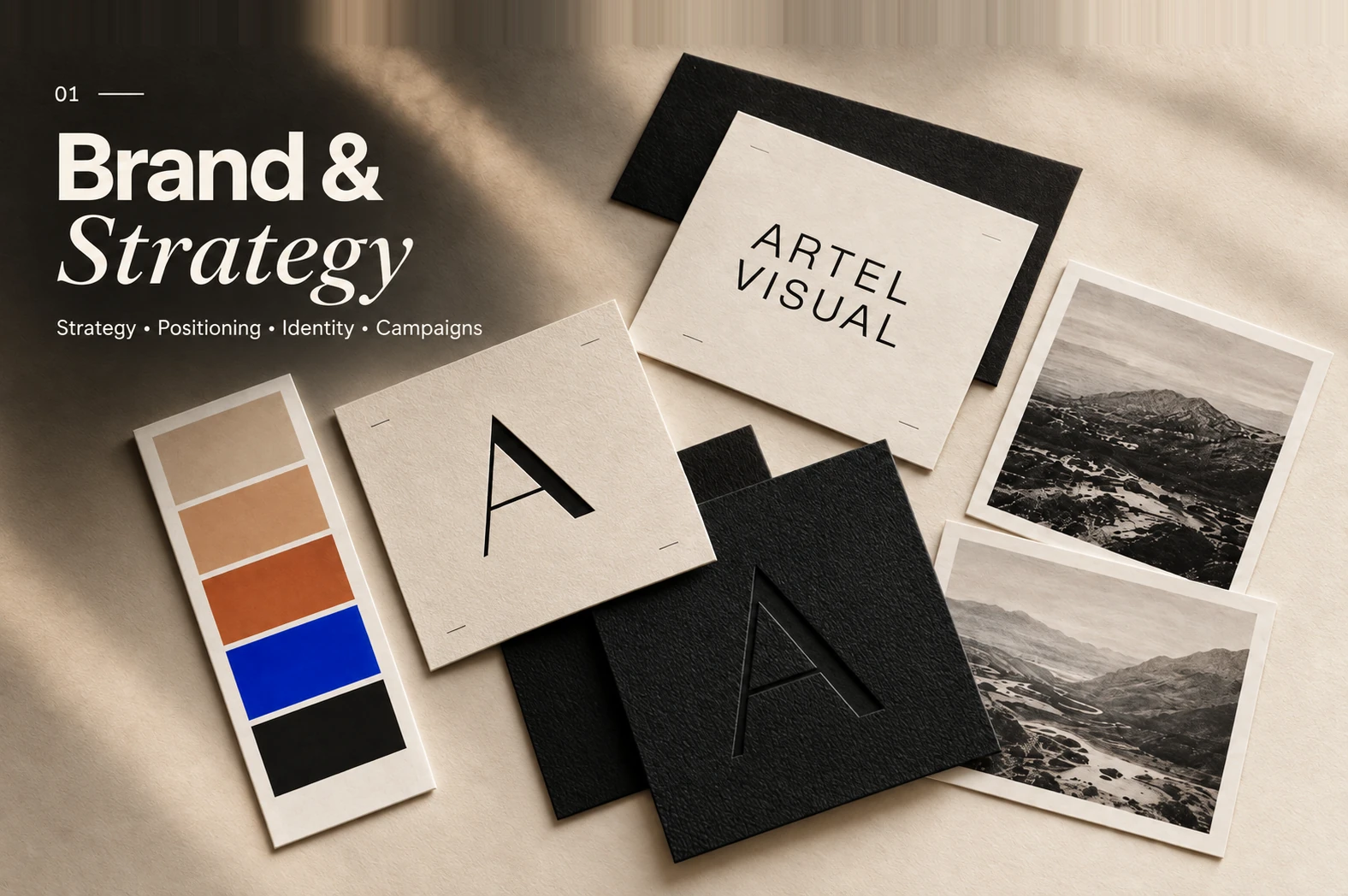Brand & Strategy — a brand identity moodboard with color swatches, cards and landscape prints